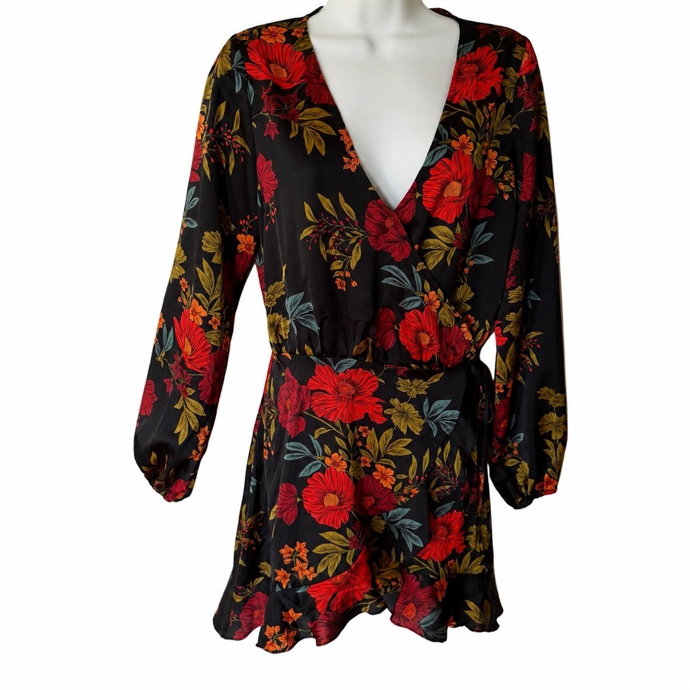 Icone Simons NWOT Black Floral Wrap Mini Dress Red Yellow Long Sleeve Small Boho